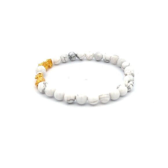 18K Gold Dragon Pixiu Double Piyao Charm Bracelet Gemstones White Howlite 6mm - Picture 5 of 5